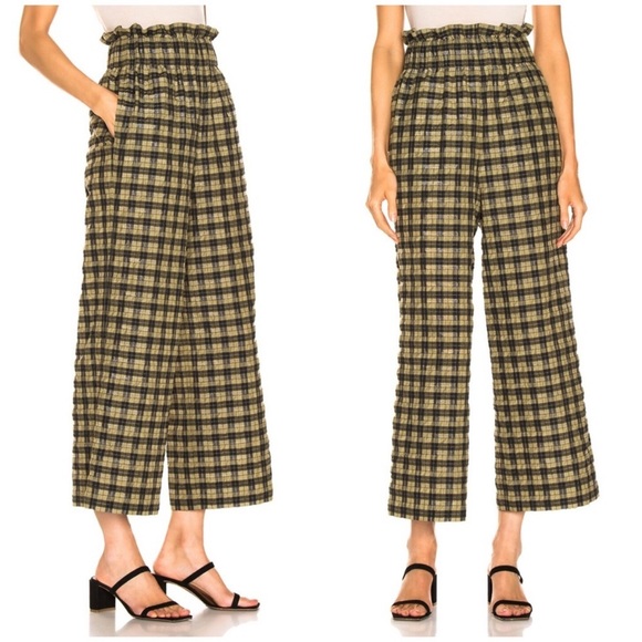 Ganni Check Seersucker Wide Leg Pants in Aloe - Picture 1 of 7